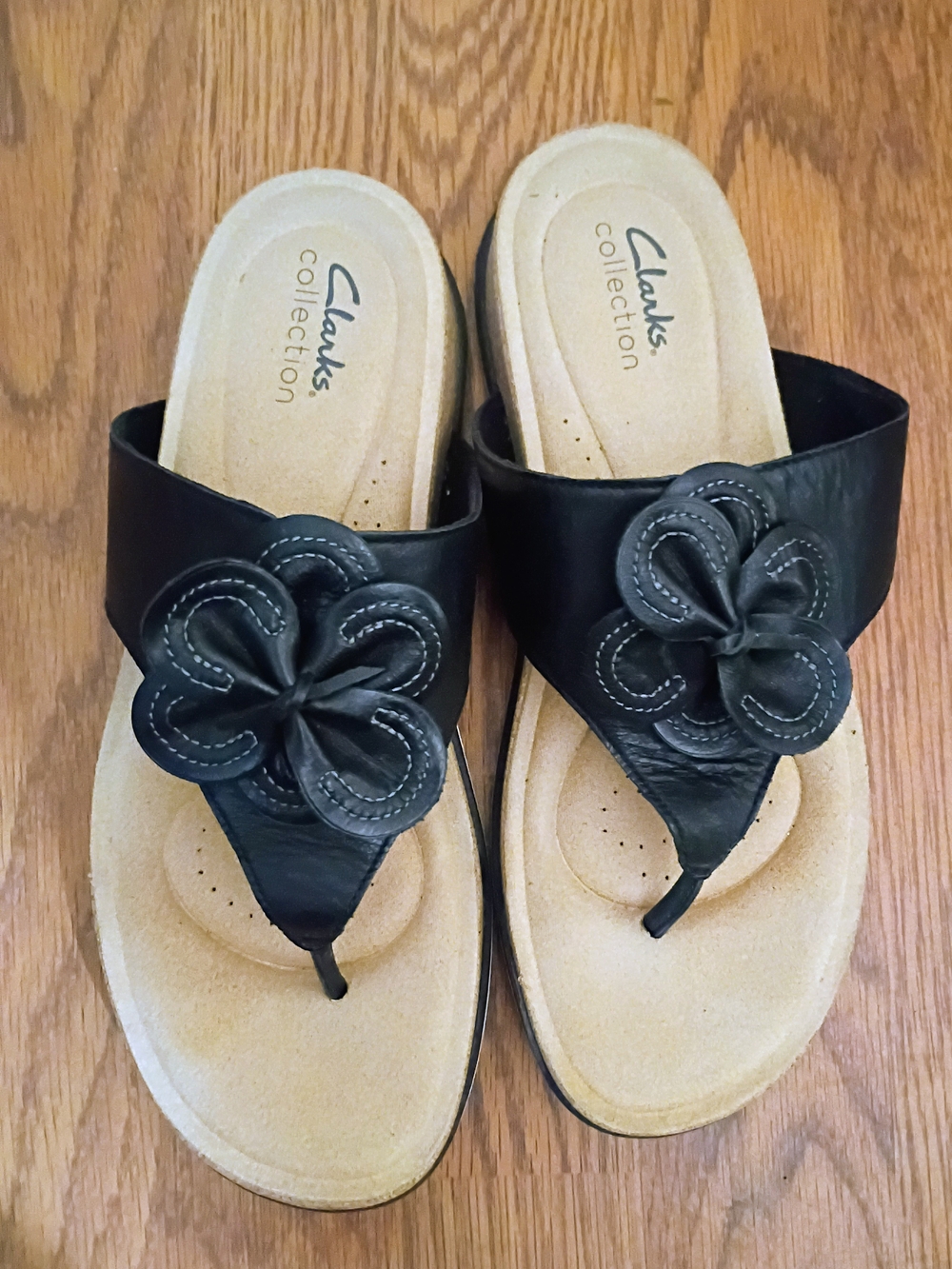 Clarks Black Floral Leather Thong Sandals